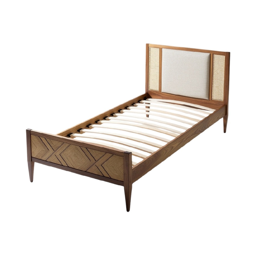 Modern Wooden Bed Frame with Rattan Accents and Slatted Base