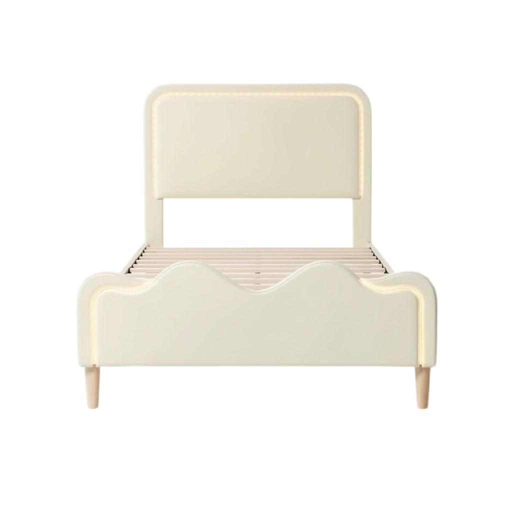 Modern Cream Upholstered Bed with Curved Design and Wooden Base