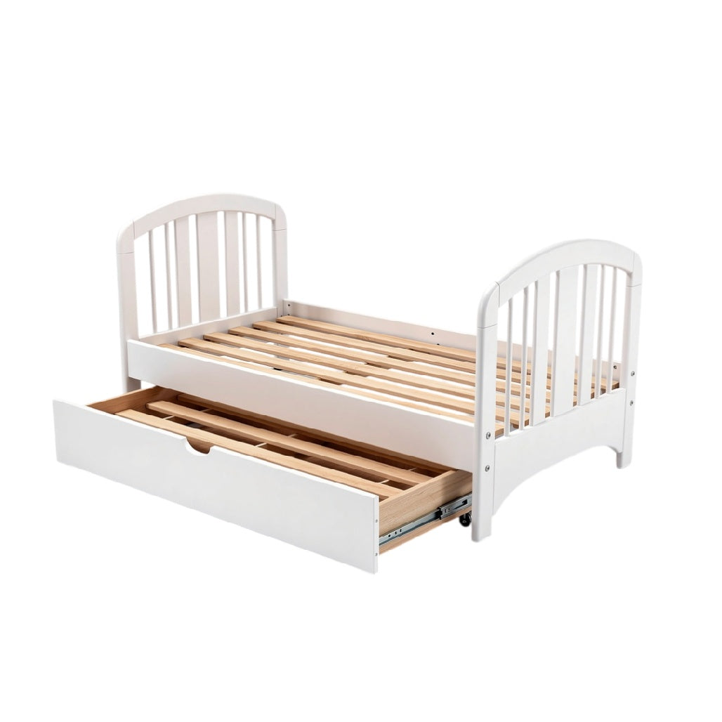 Space-Saving White Wooden Bed with Under-Bed Storage Drawer
